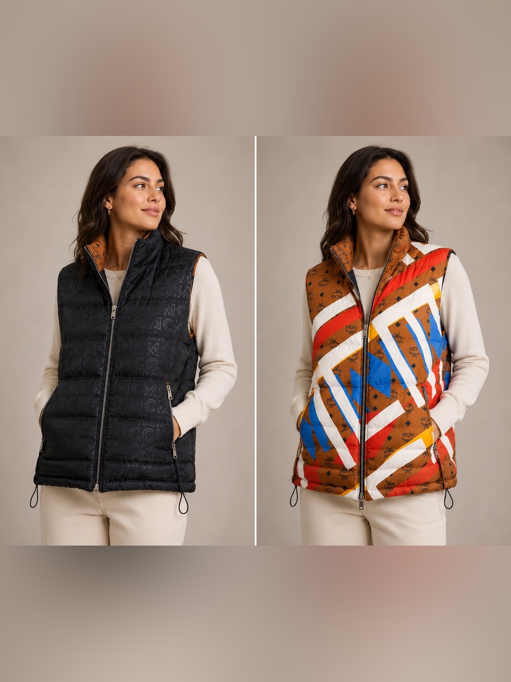 MCM Reversible Puffer Vest Black Visetos Logo Multicolor Graphic Luxury